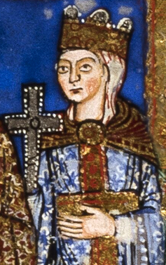 Ilustración medieval de una reina sosteniendo un crucifijo